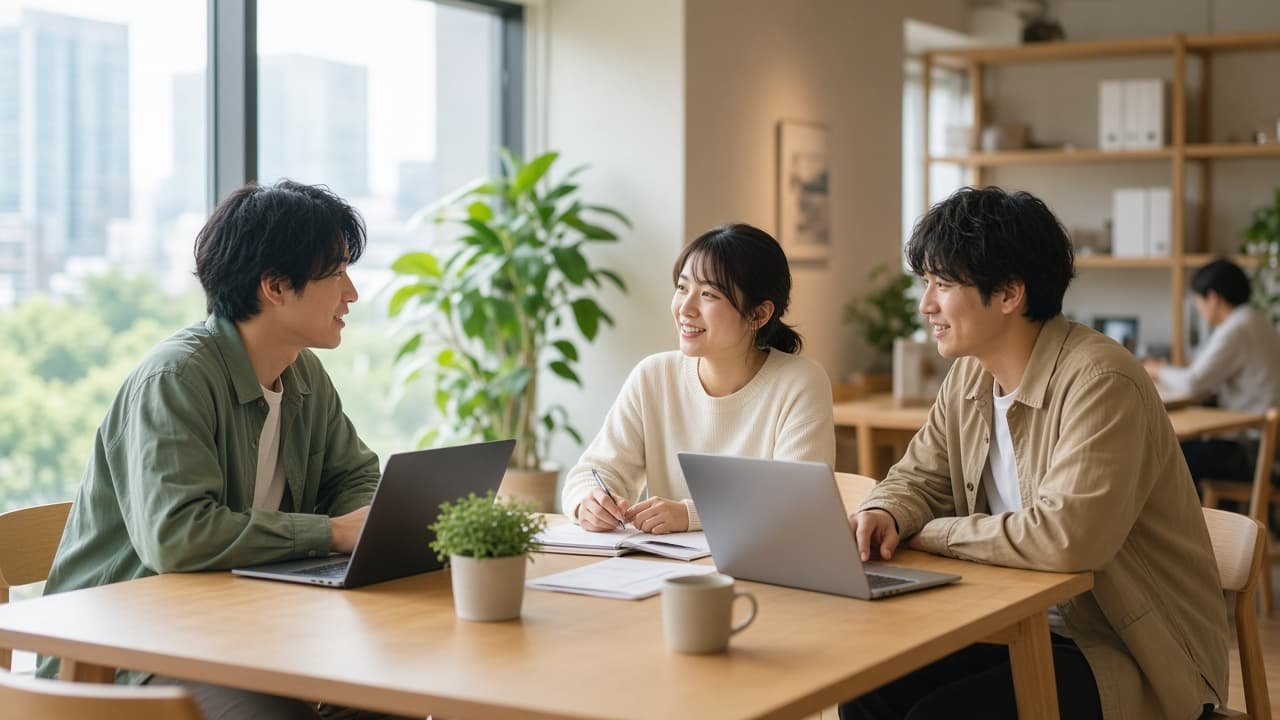 オフィスカジュアルで打ち合わせをする社員