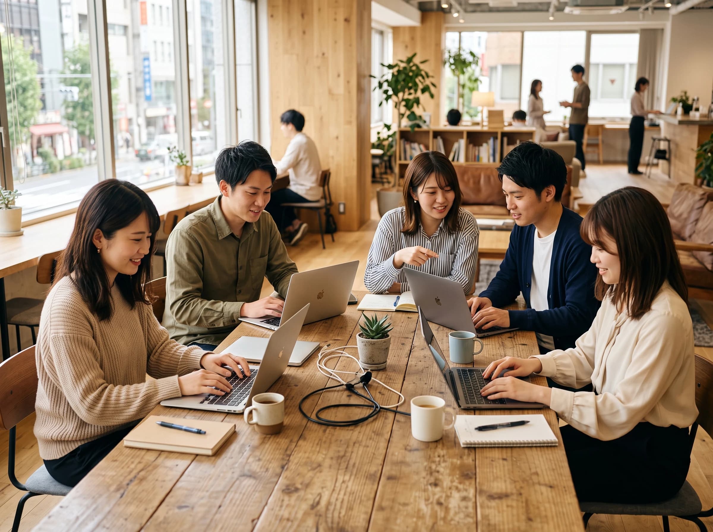テーブルを囲んで作業する社員